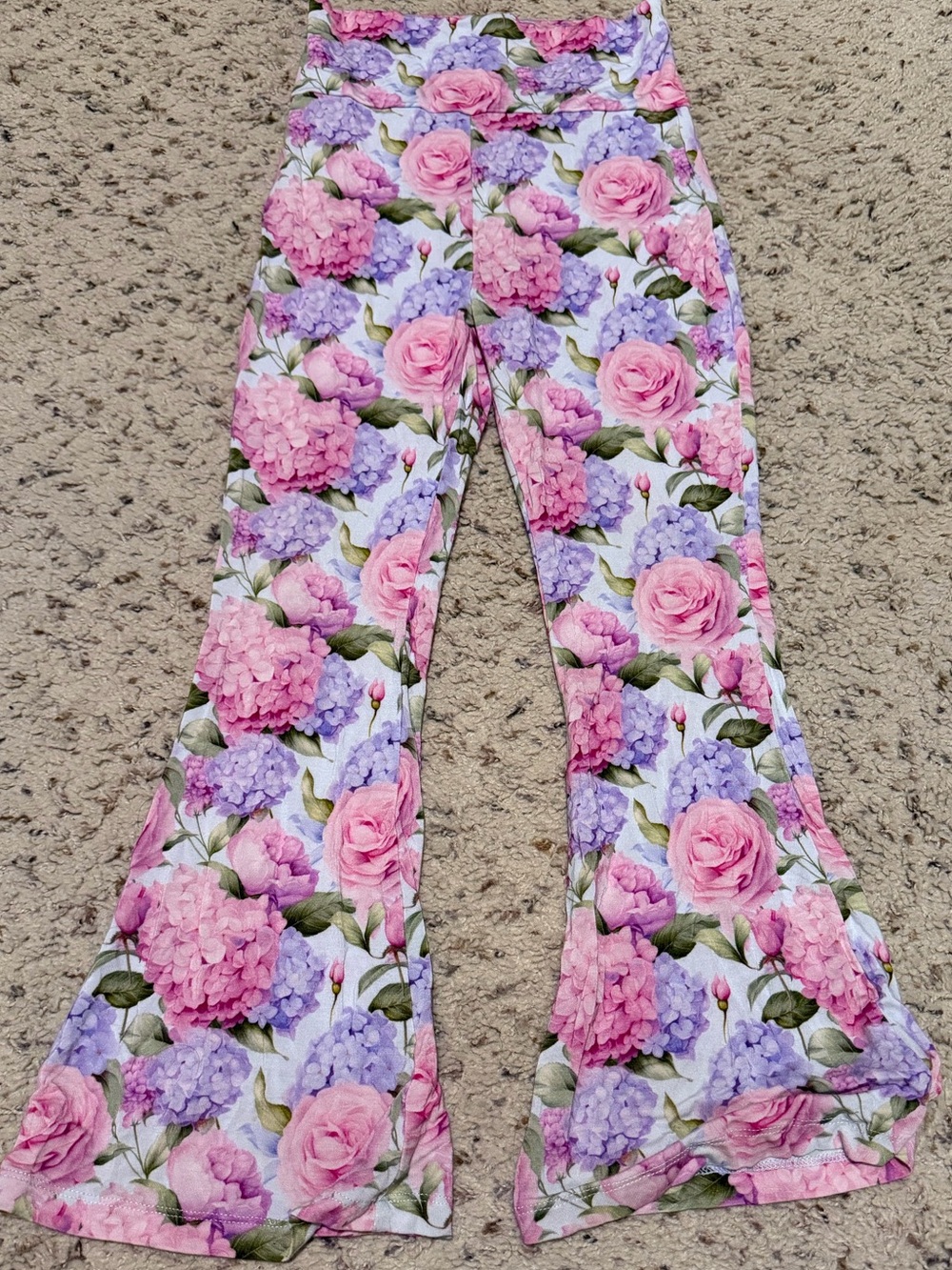 Girls Floral Bell-Bottom Leggings - Pink & Purple